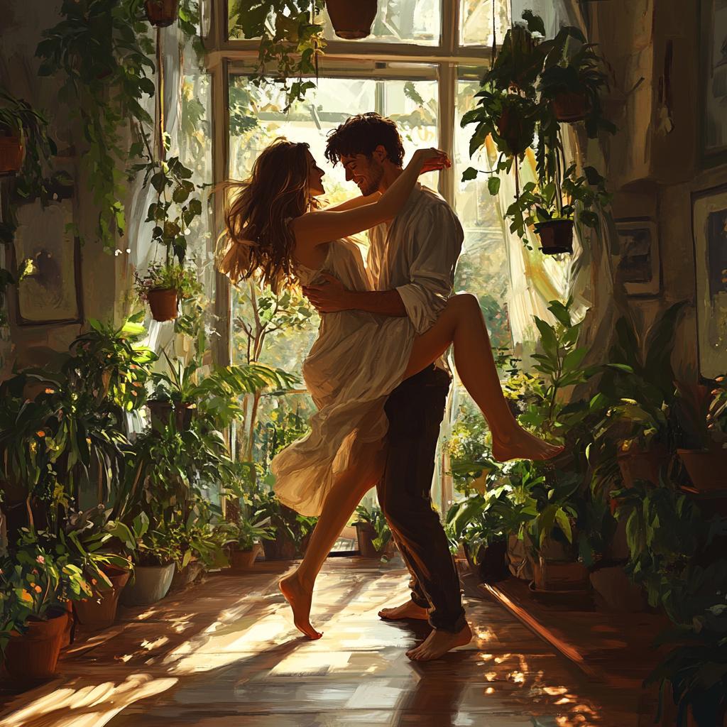 Couple Dancing in Plant-Filled Veranda