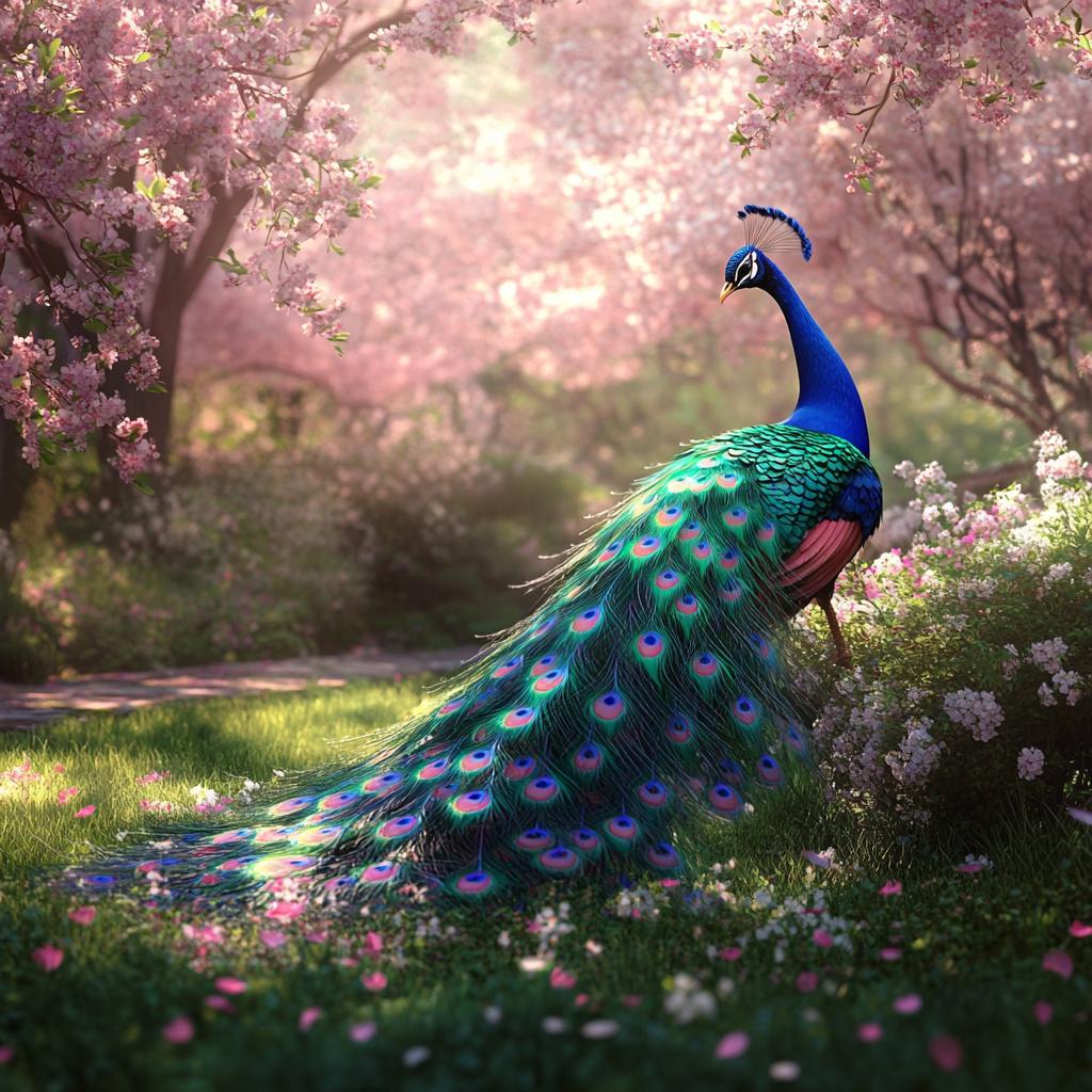 Peacock Walking in Pink Blossom Park