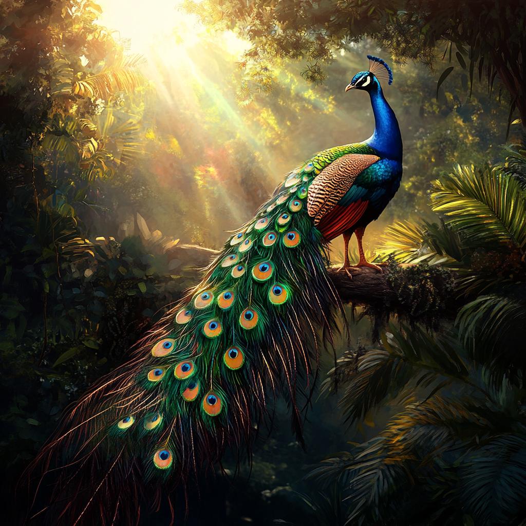 Peacock on Branch in Forest Sunbeam