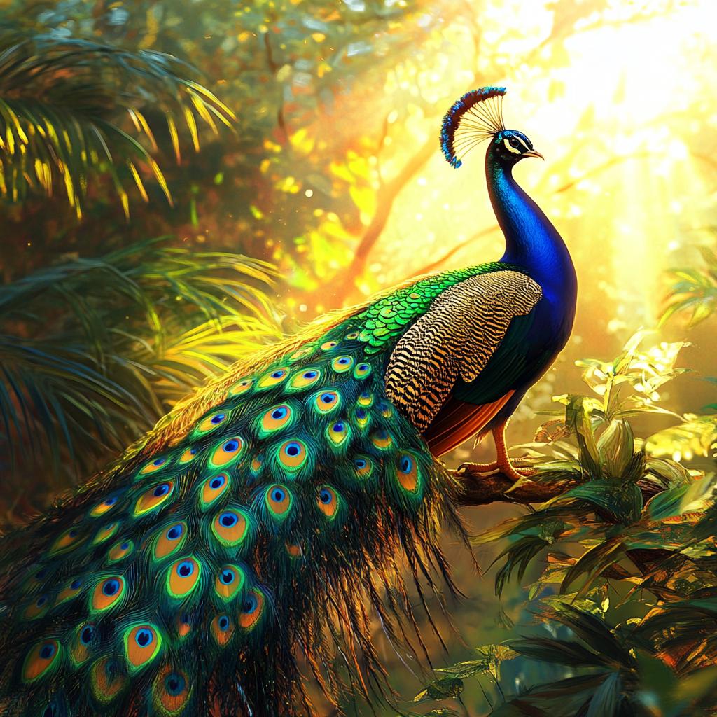 Peacock Resting on Branch with Sunlight