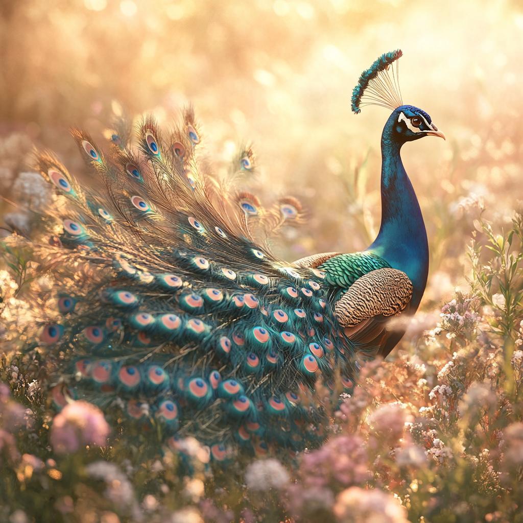 Peacock Walking in White Flower Field