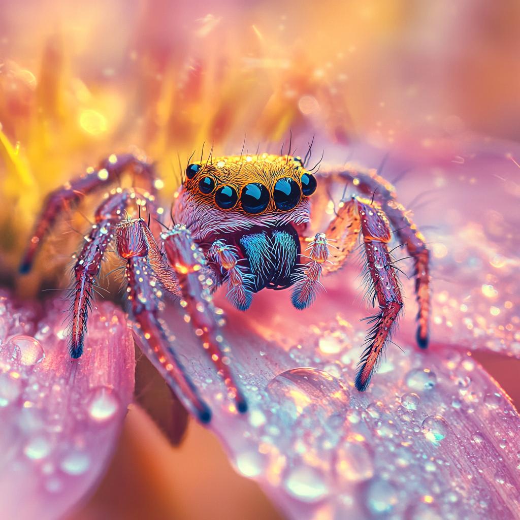 Pink Peacock Spider on Flower with Raindrops