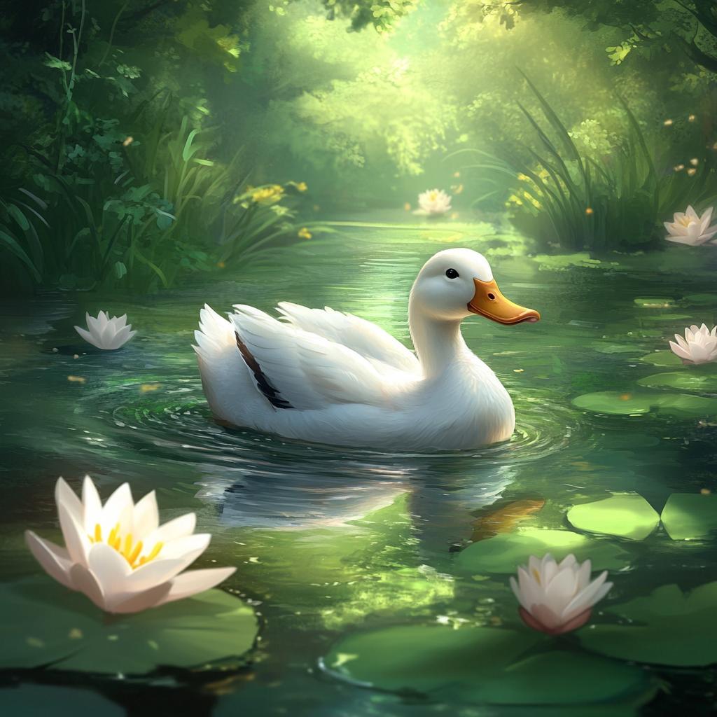 Peking Duck Swimming Among Water Lilies