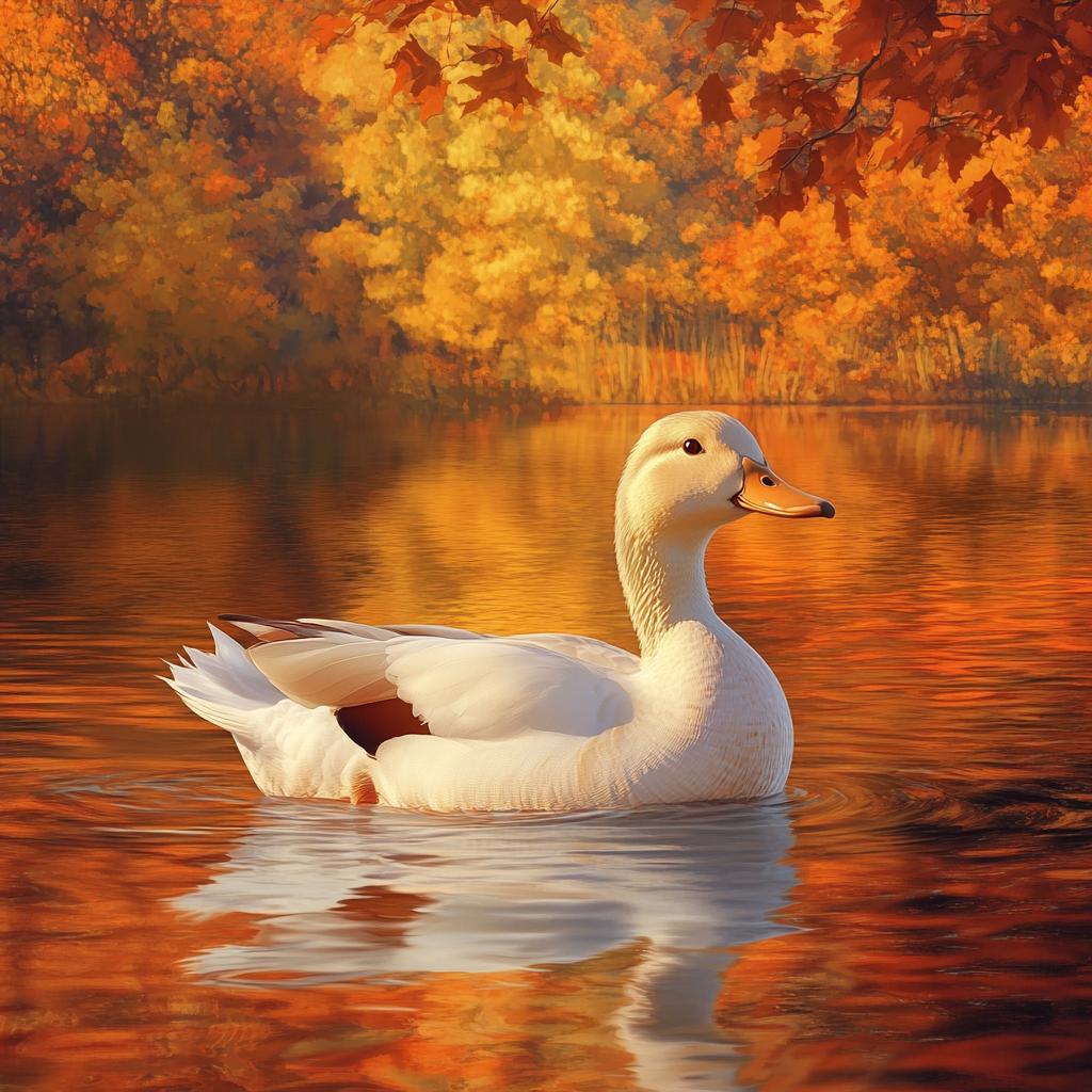 Peking Duck in Autumn River Under Trees