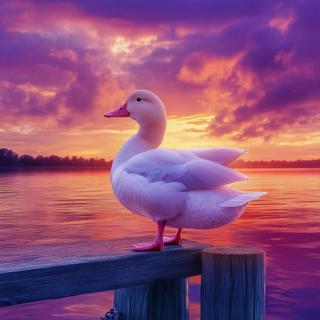 Peking Duck Watching Sunset on Fence