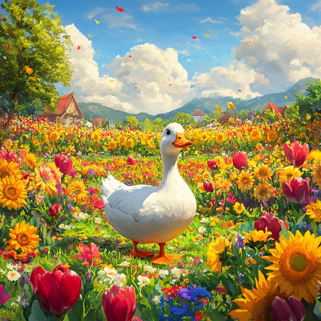 Peking Duck Walking in Flower Field