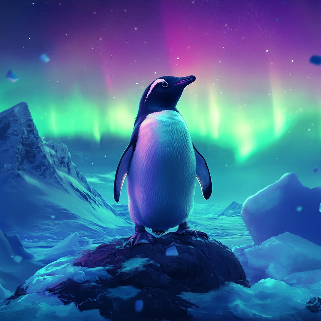 Northern Lights with Penguin on Cliff