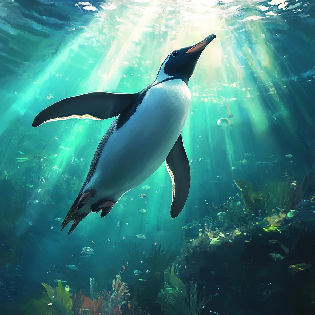 Penguin Swimming in Ocean with Sunbeam