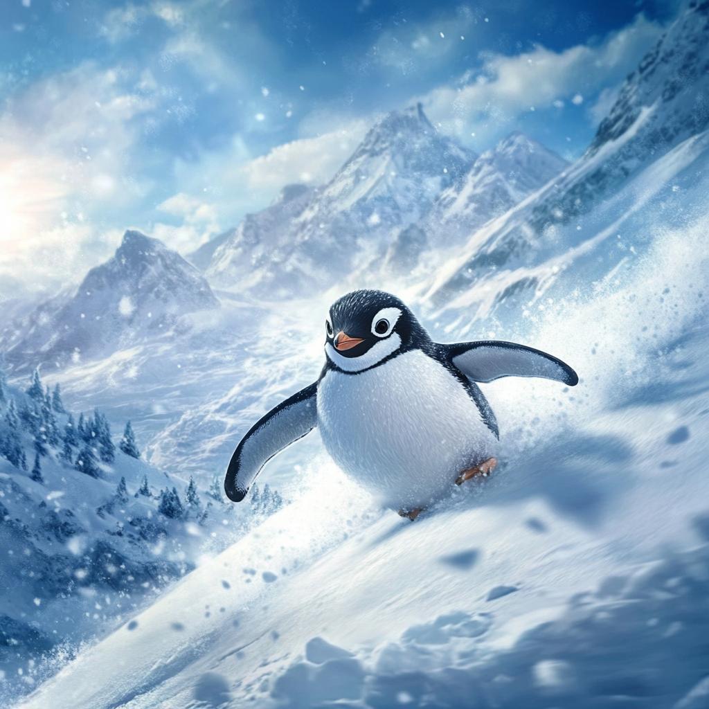 Penguin Sliding Down Snowy Slope