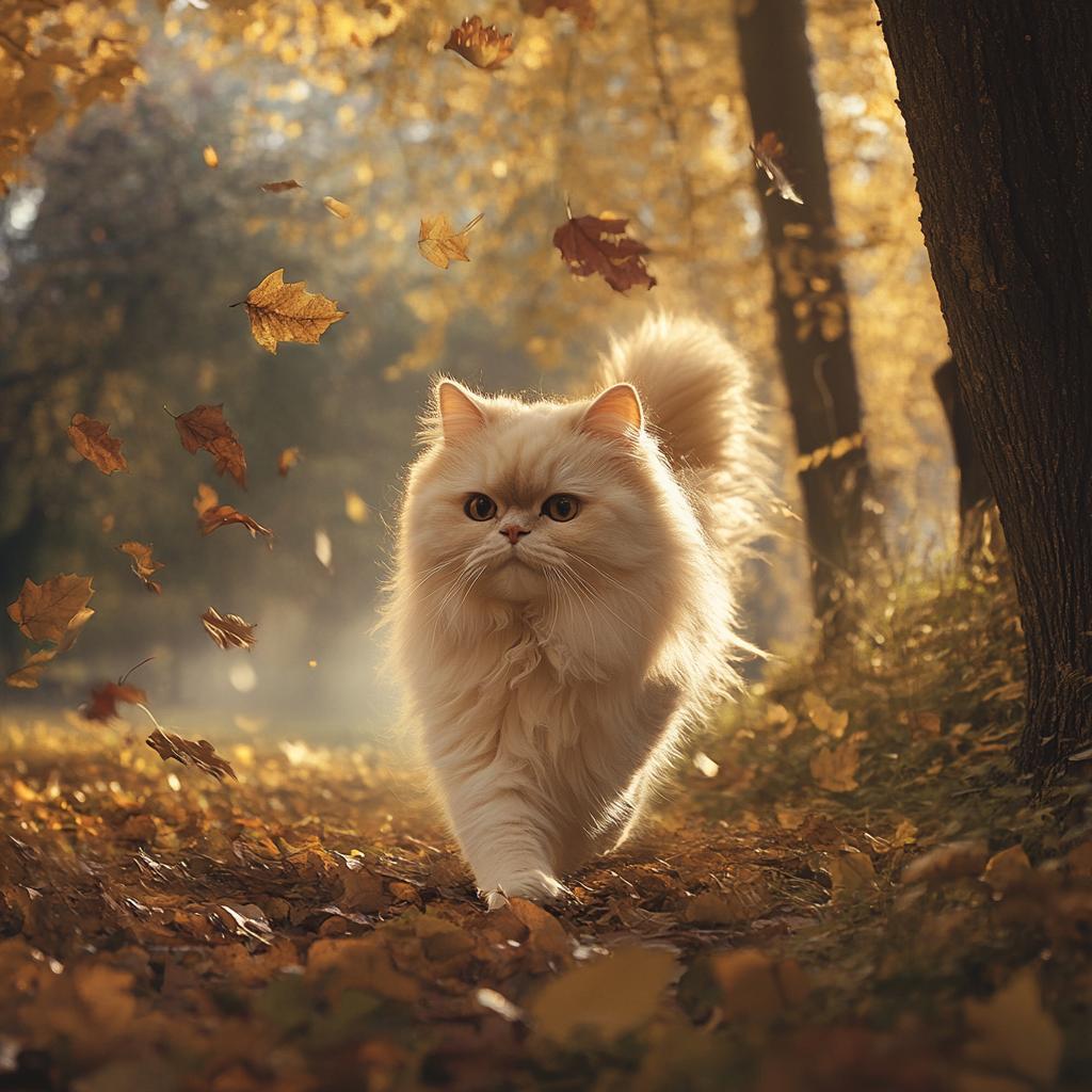 Persian Cat Walking in Autumn Forest