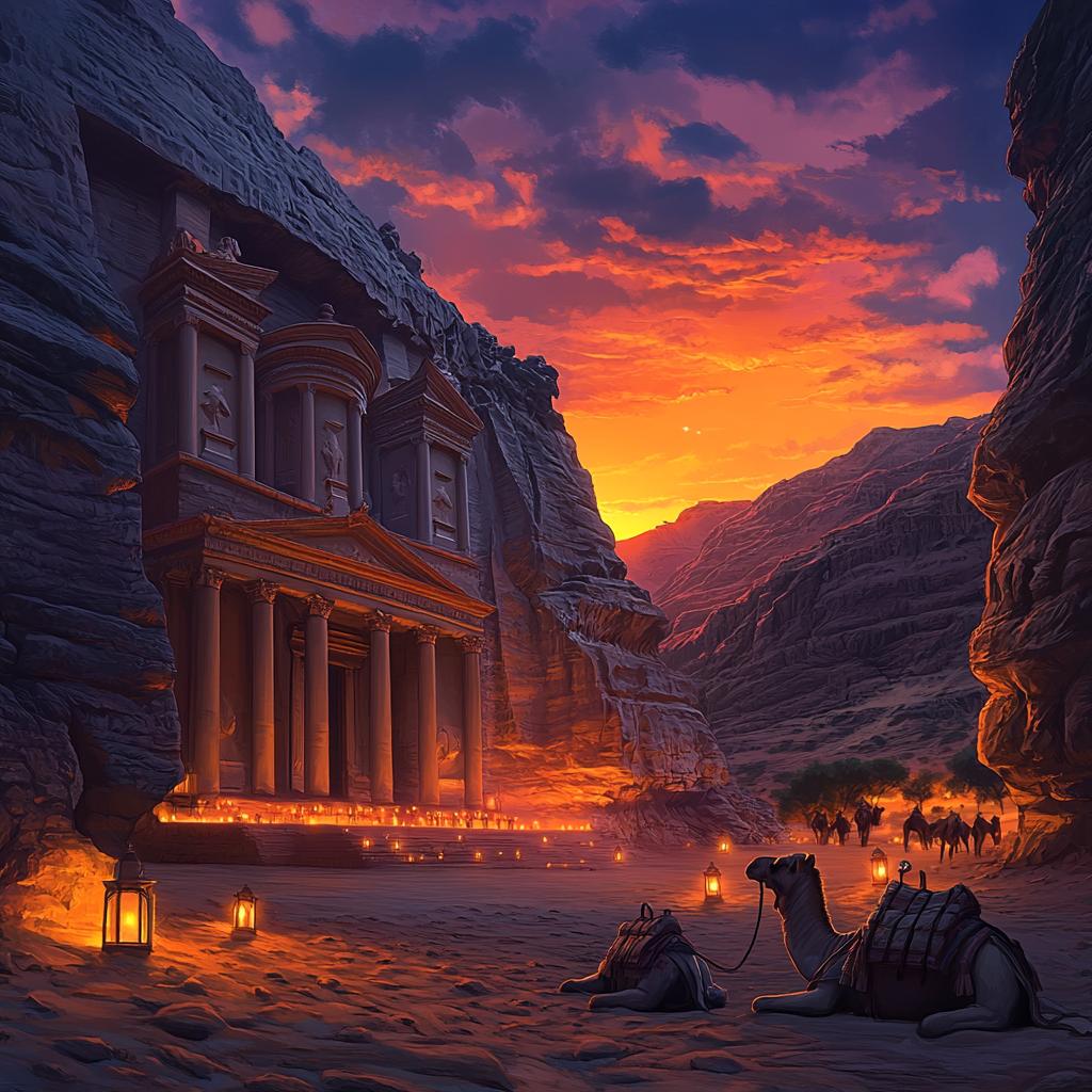 Petra Jordan Temple Lit by Lanterns at Night