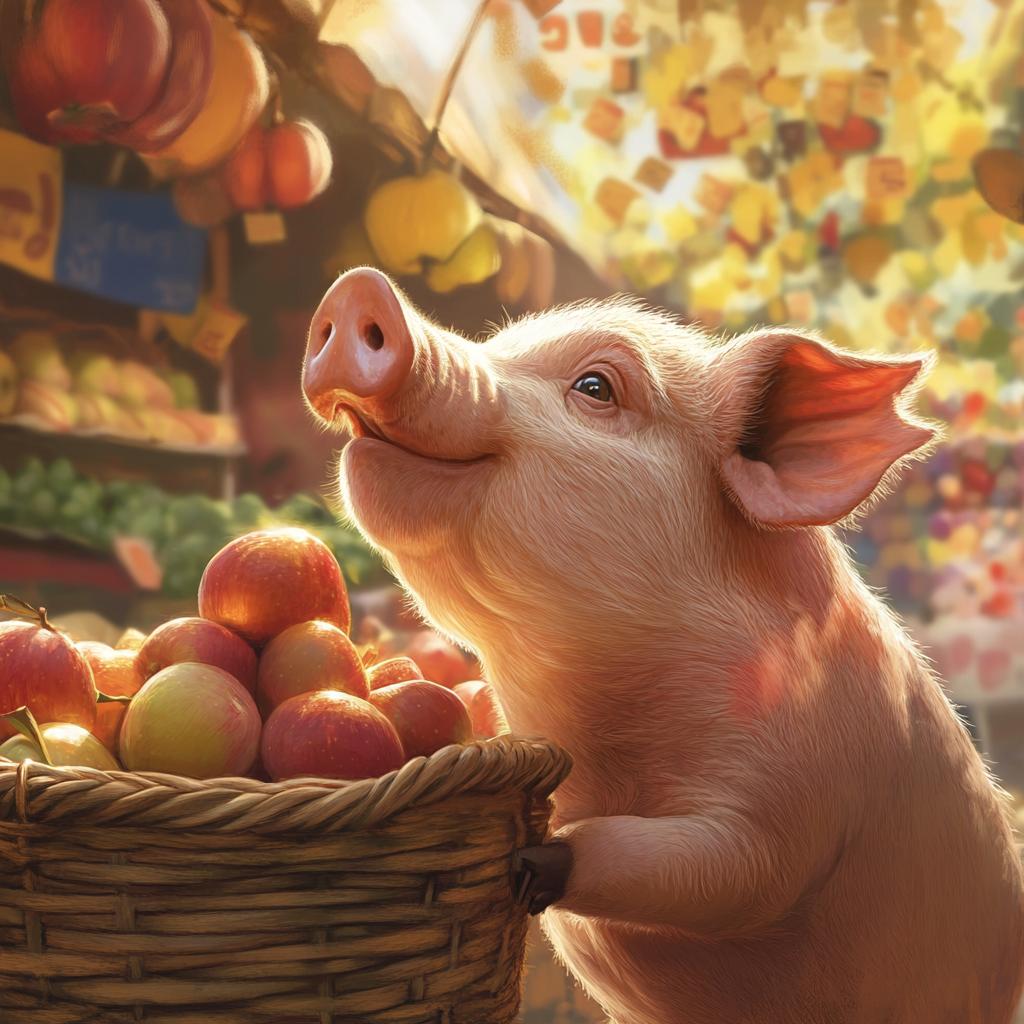 Pig Reaching Basket of Apples at Market