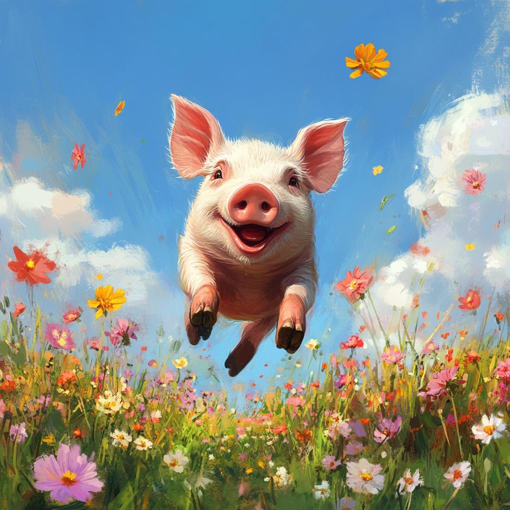 Happy Pig Jumping in Flower Field