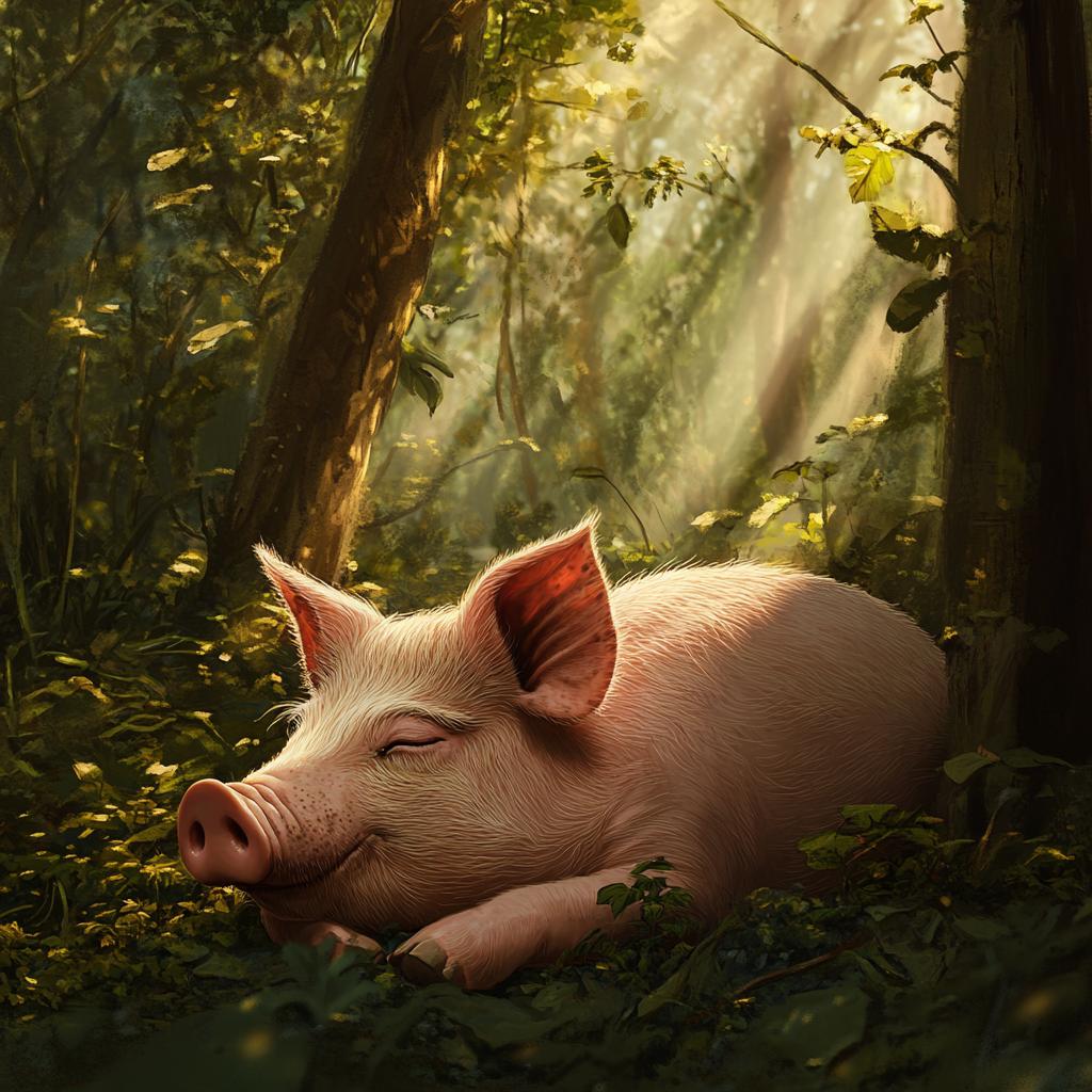 Pig Sleeping Under Sunbeam in Forest