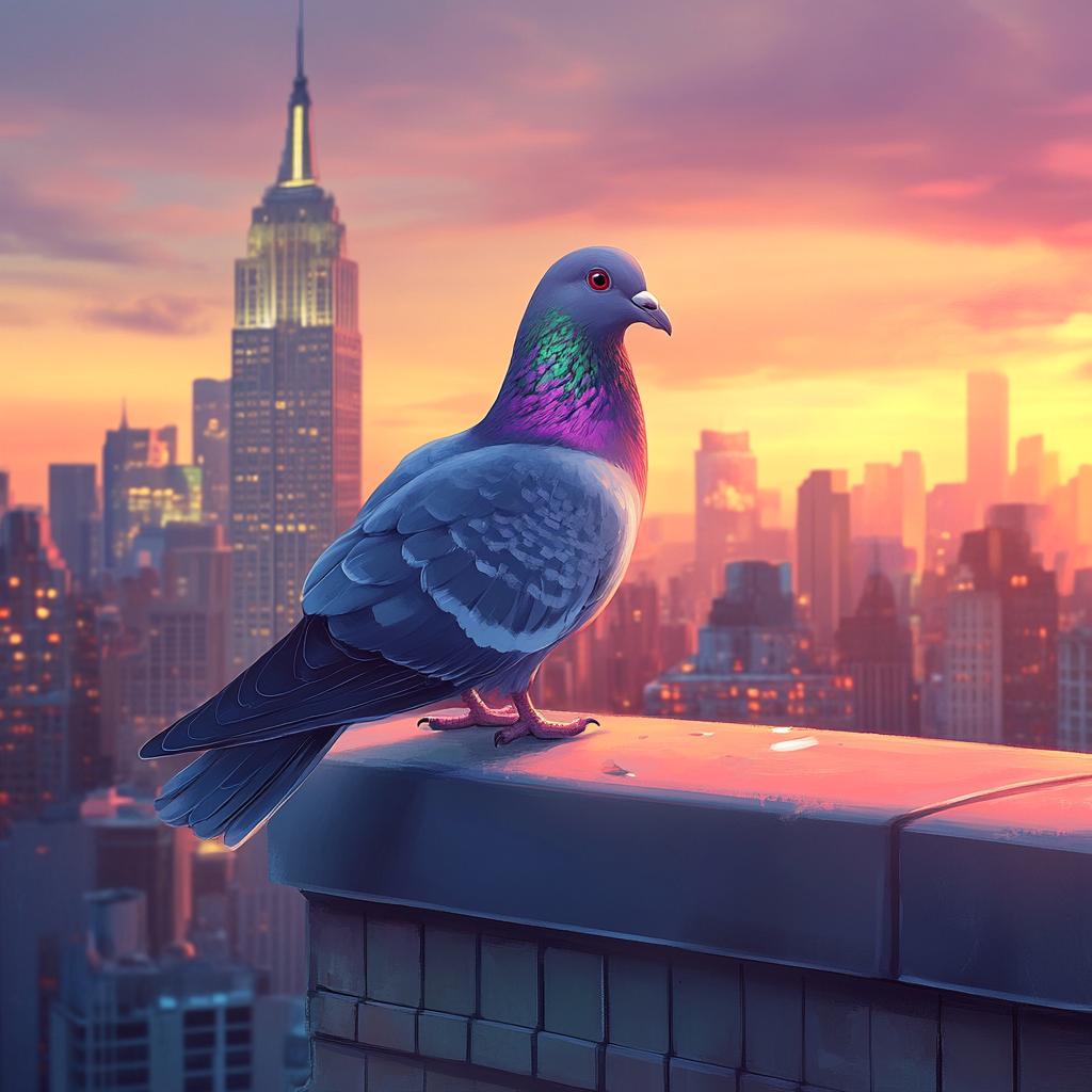 Pigeon on Wall Over City Horizon at Sunset