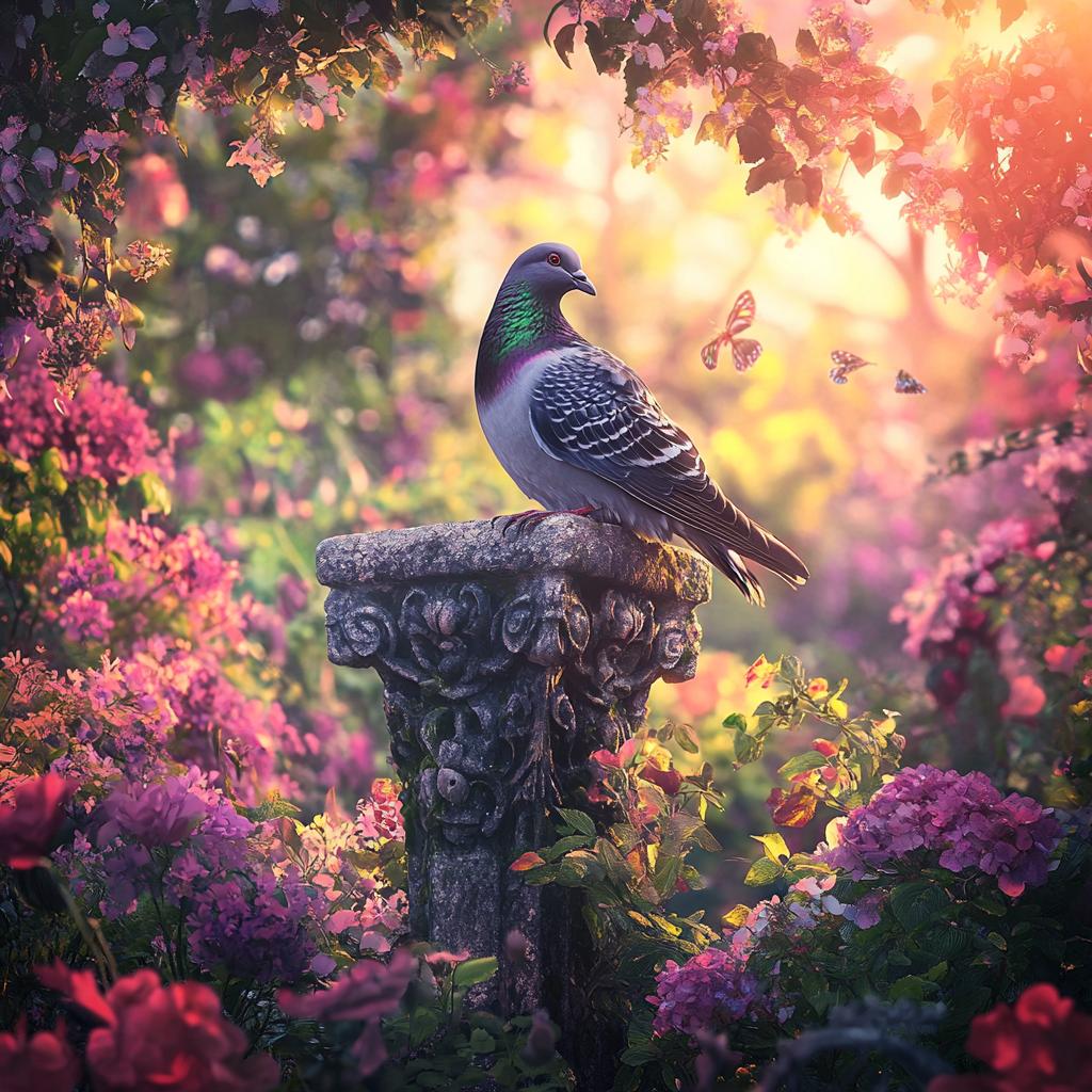Pigeon on Stone Pillar with Colorful Flowers
