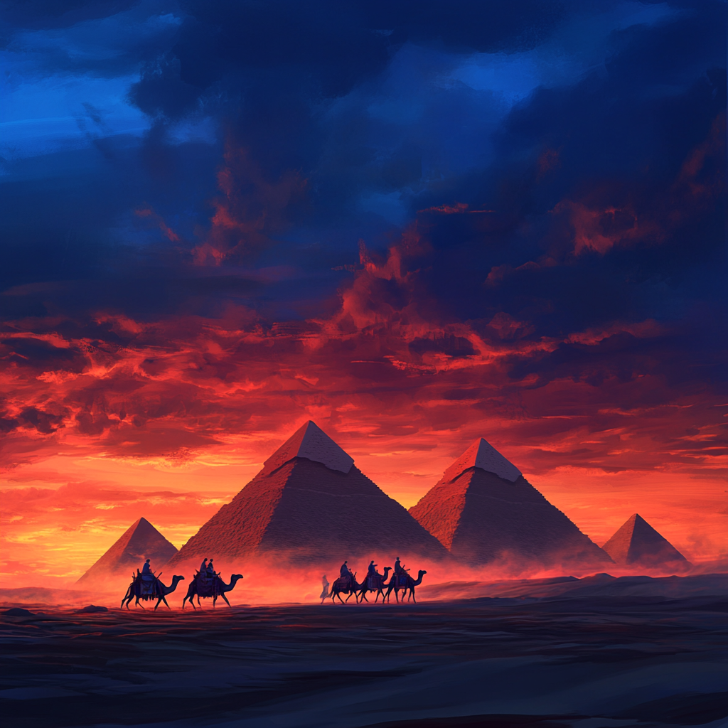 Night Pyramids with Camels Passing