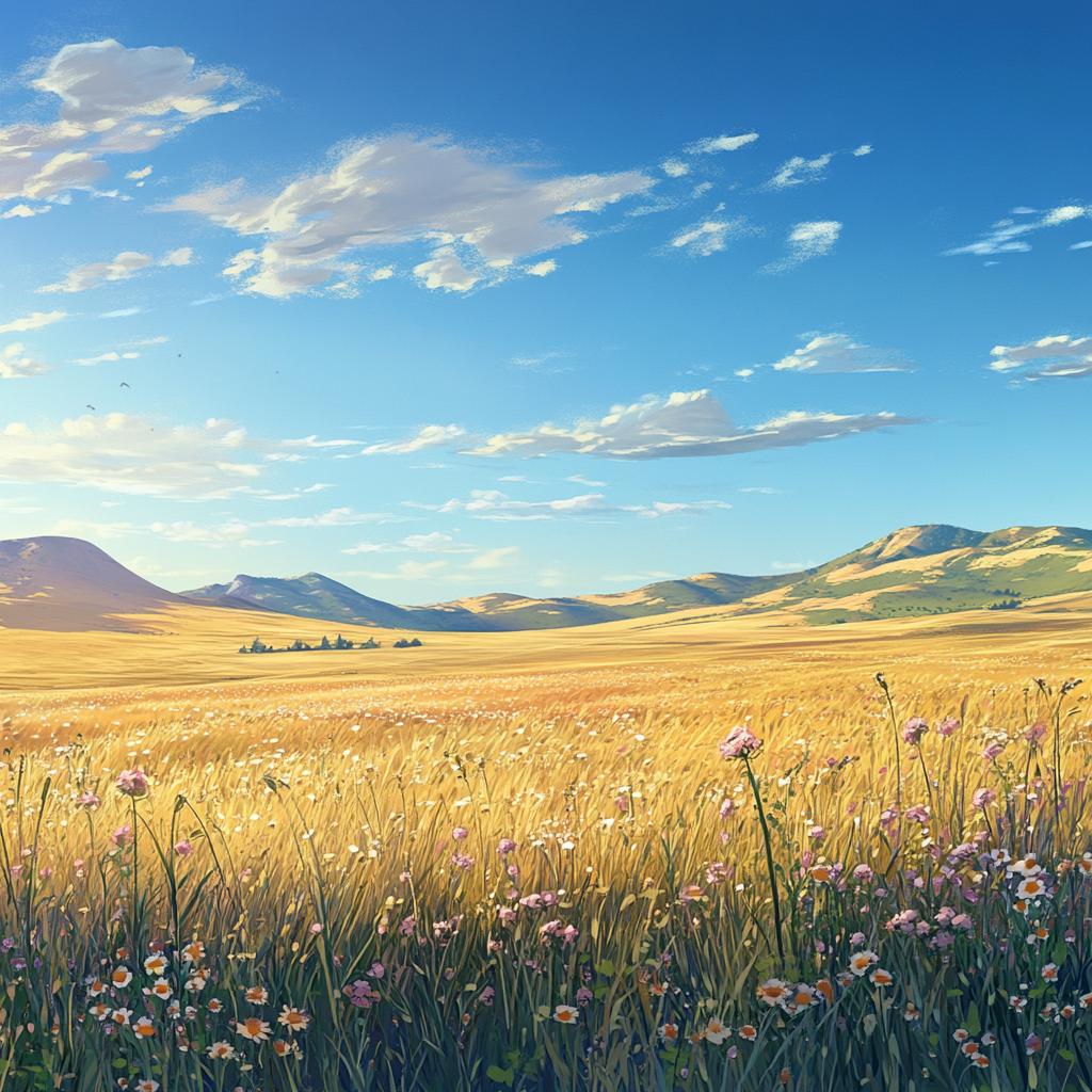 Dry Grass Plain with White Flowers and Mountains