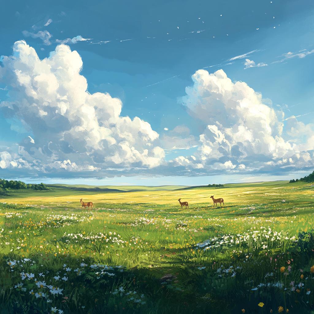 Deer Grazing on Grass Plain Horizon