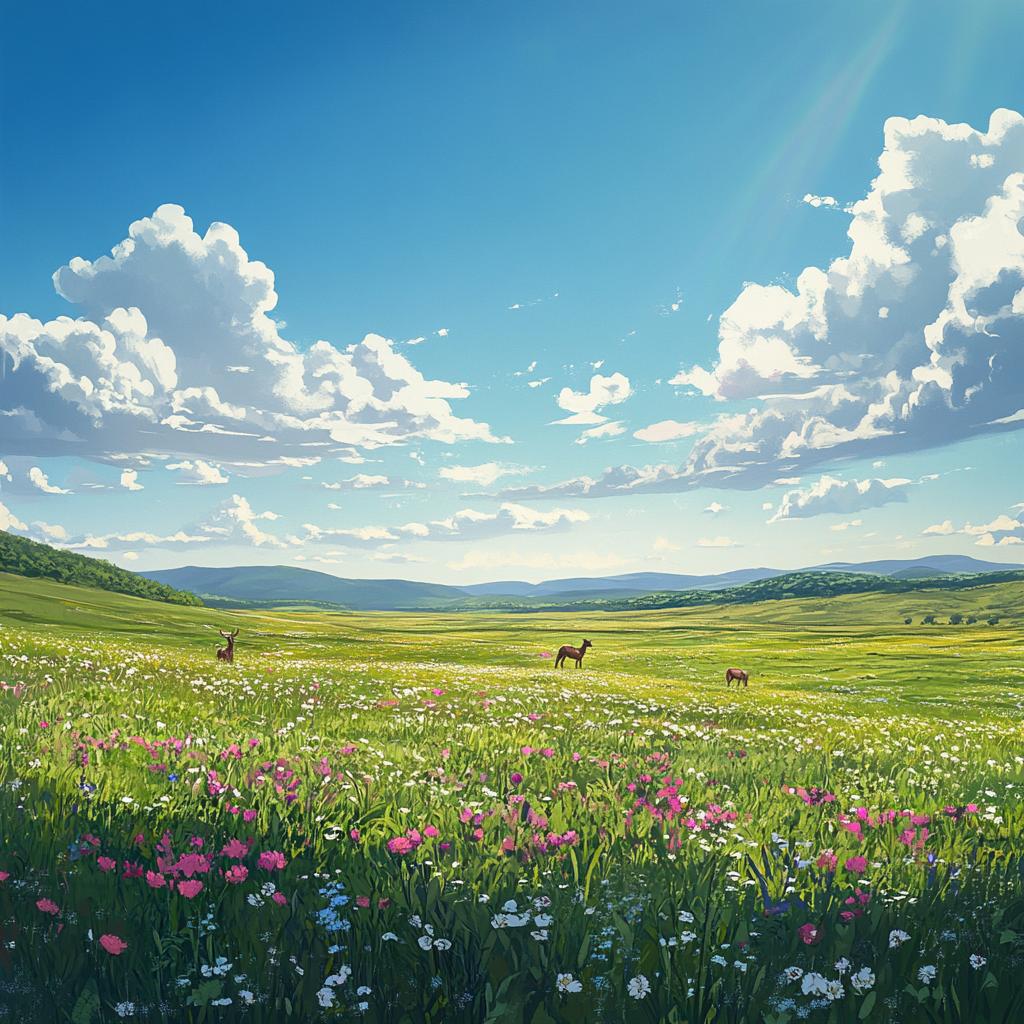 Grassland View with Grazing Deer