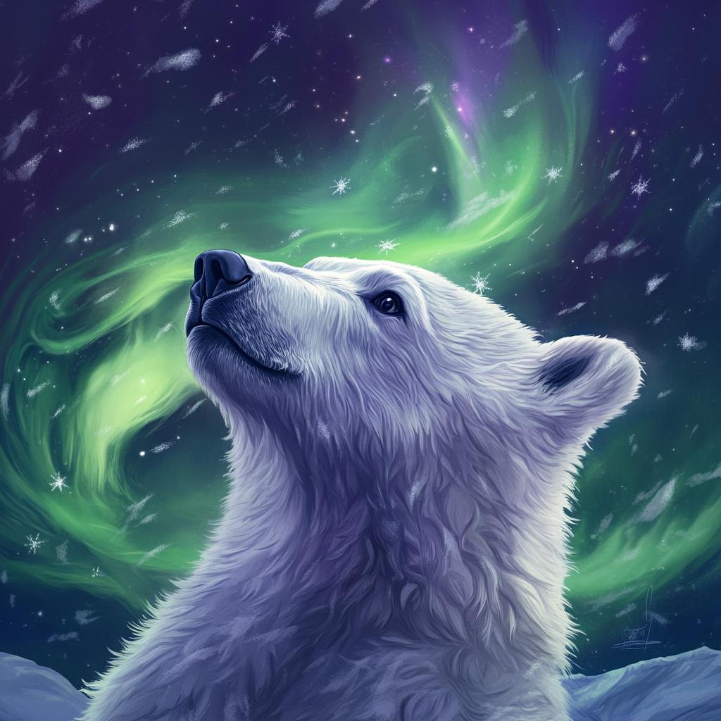 Polar Bear Close Up Under Northern Lights