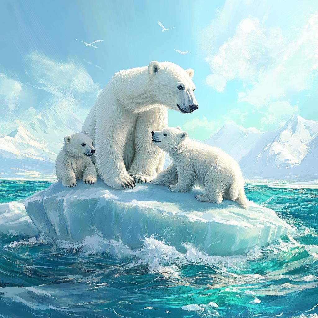 Polar Bear Mother with Cubs on Ice Rock
