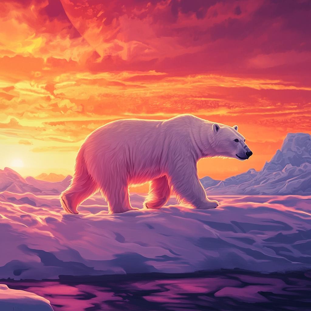 Polar Bear Walking on Ice at Sunset