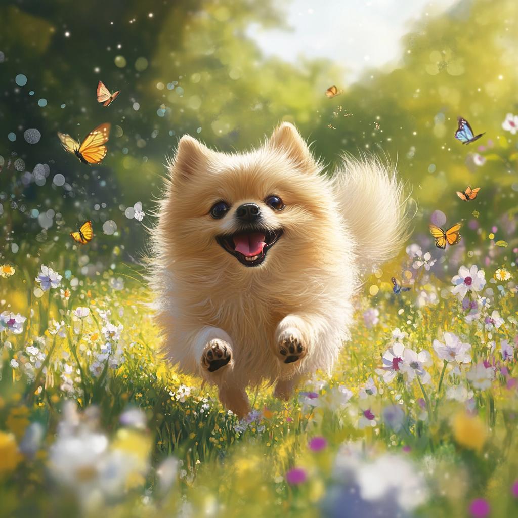 Happy Pomeranian Running in Grass