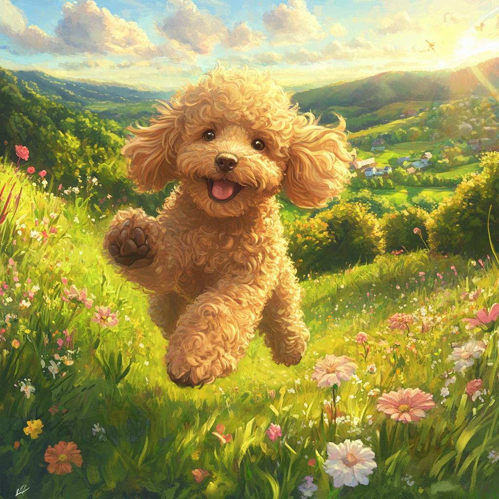 Poodle Running Through Grass Field
