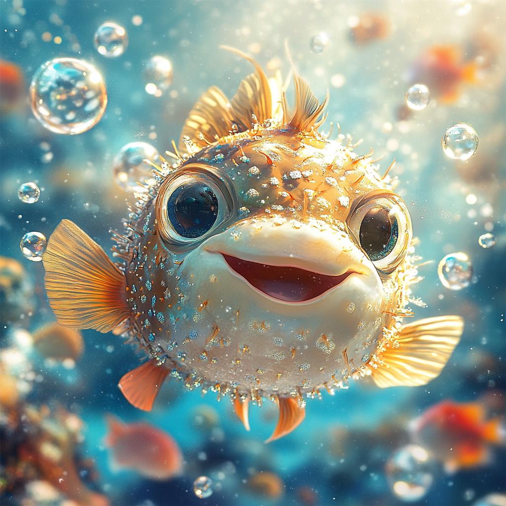 Happy Pufferfish with Bubbles Close Up