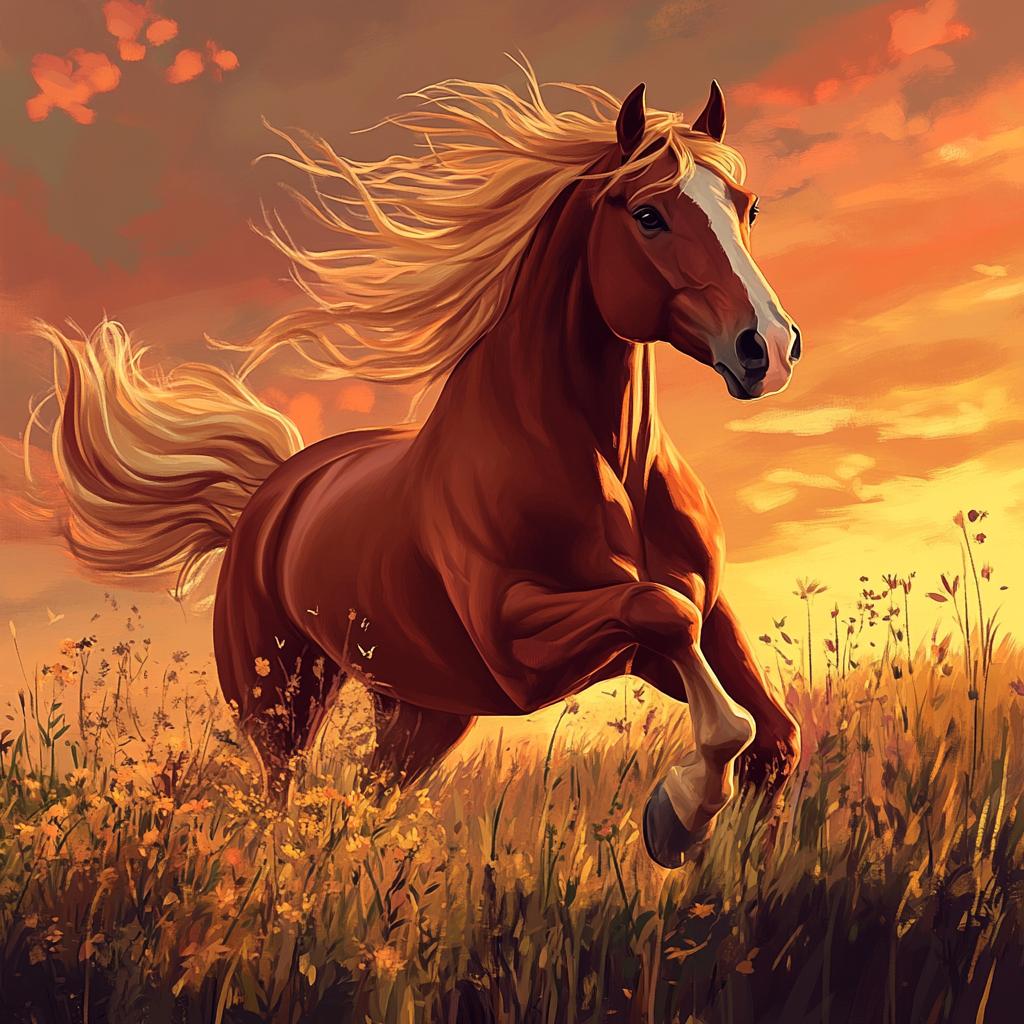 Quarter Horse Running in Sunset Grassland