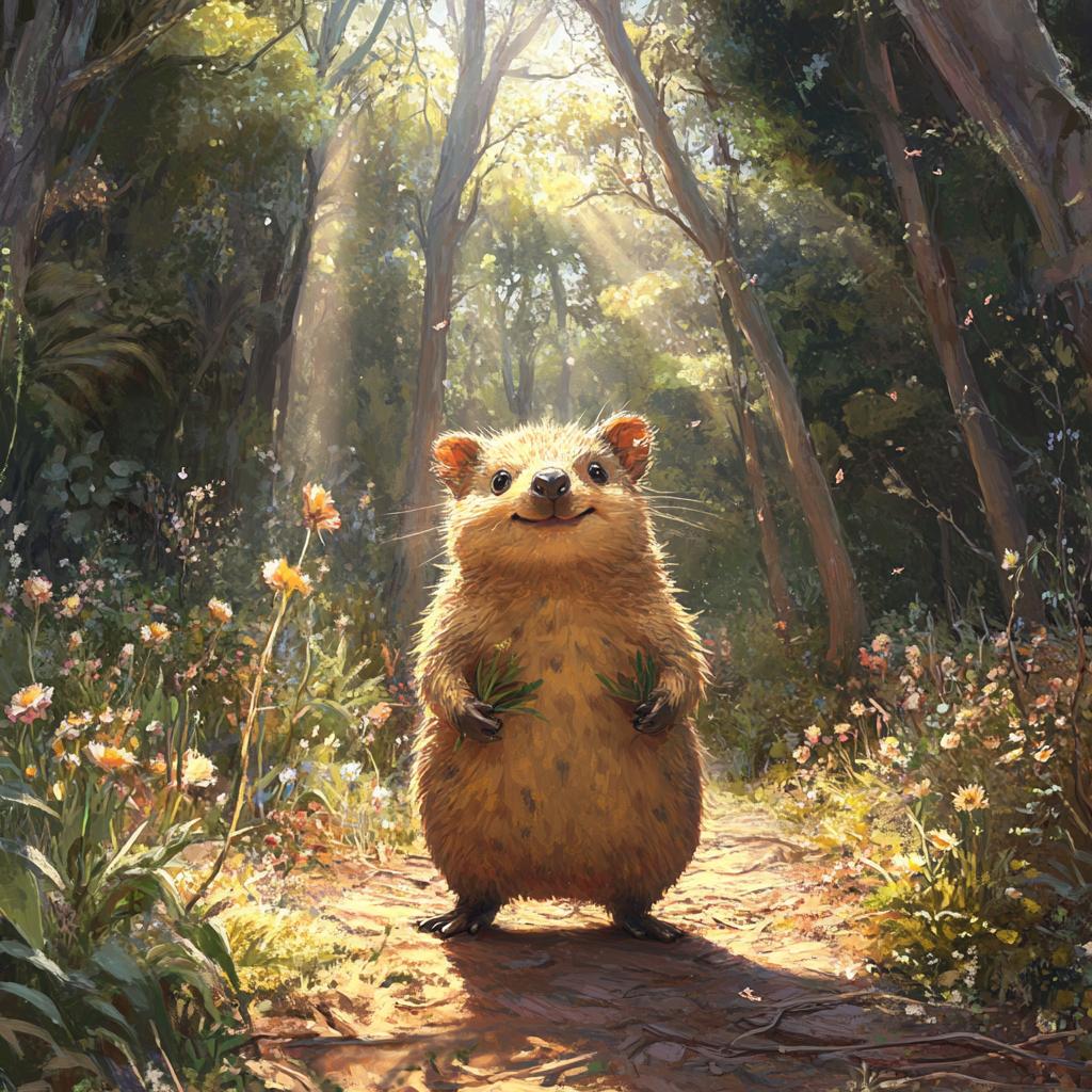 Happy Quokka on Forest Path with Sunbeam