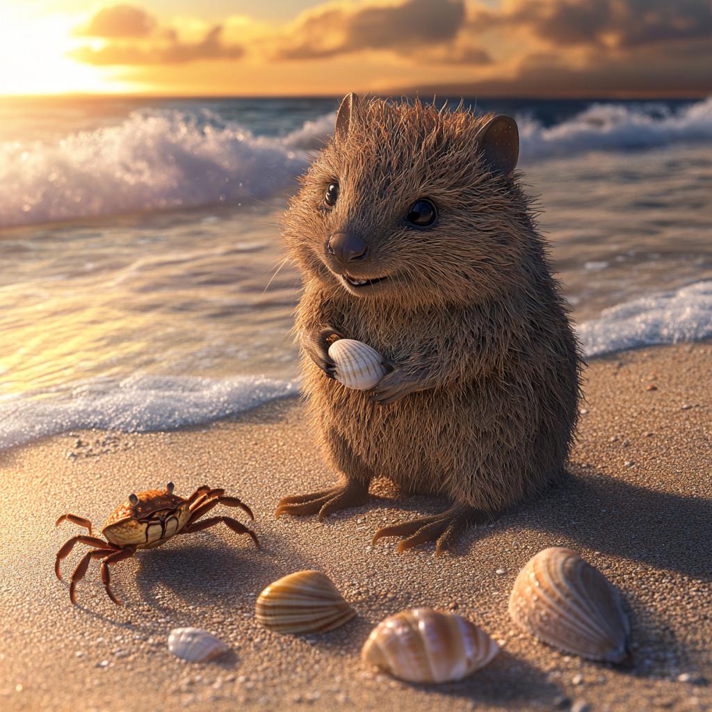 Quokka Playing with Crab and Seashells