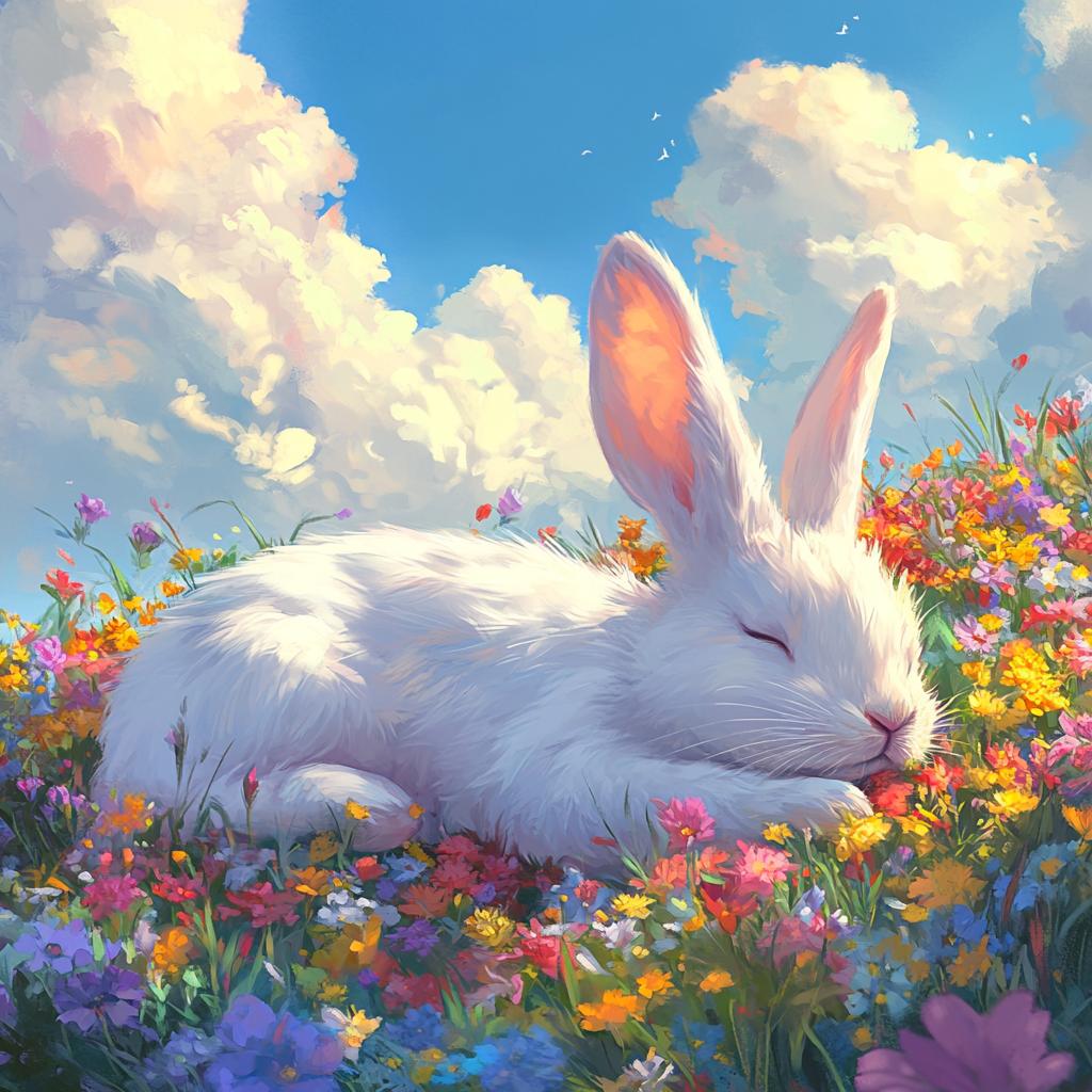White Rabbit Sleeping in Flower Field