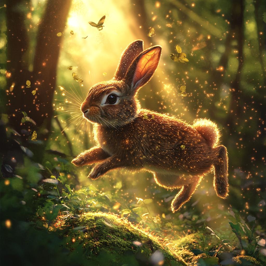 Rabbit Jumping in Forest Sunbeam