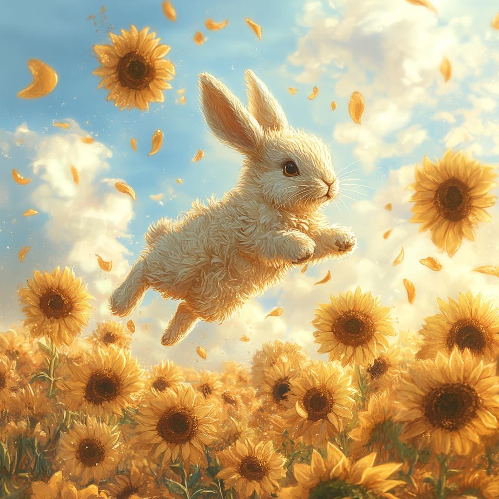 Rabbit Jumping Over Sunflowers