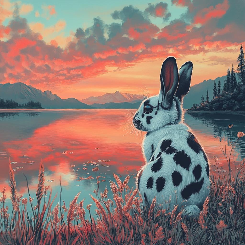 Spotted Rabbit Watching Sunset by River