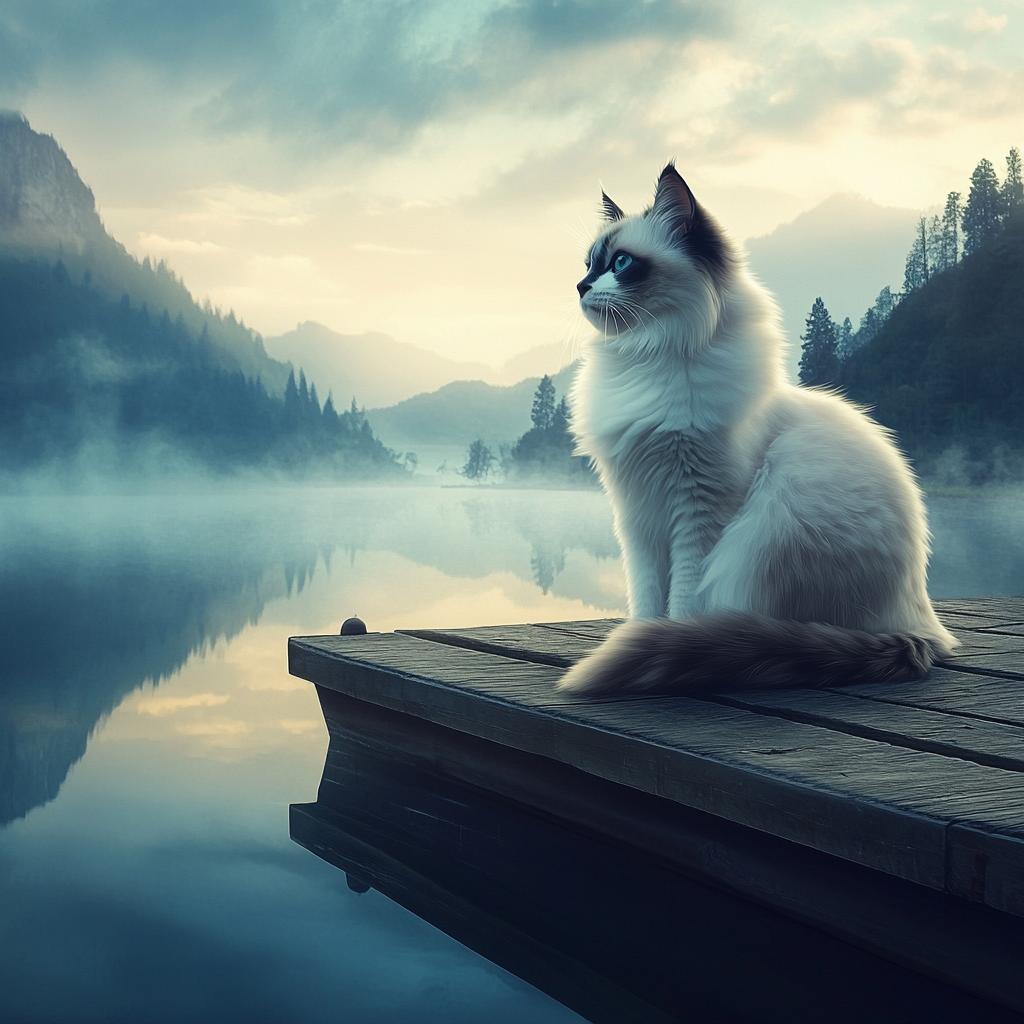 Ragdoll on Wooden Dock Watching Misty River