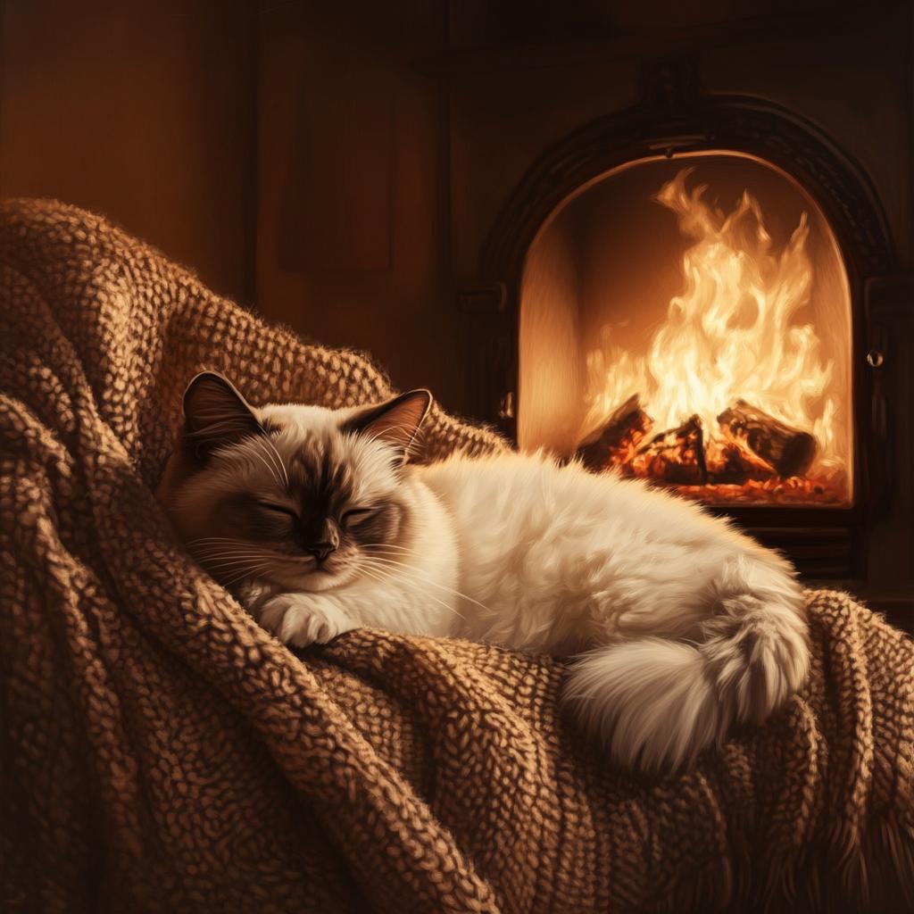 Ragdoll Sleeping on Couch by Fireplace