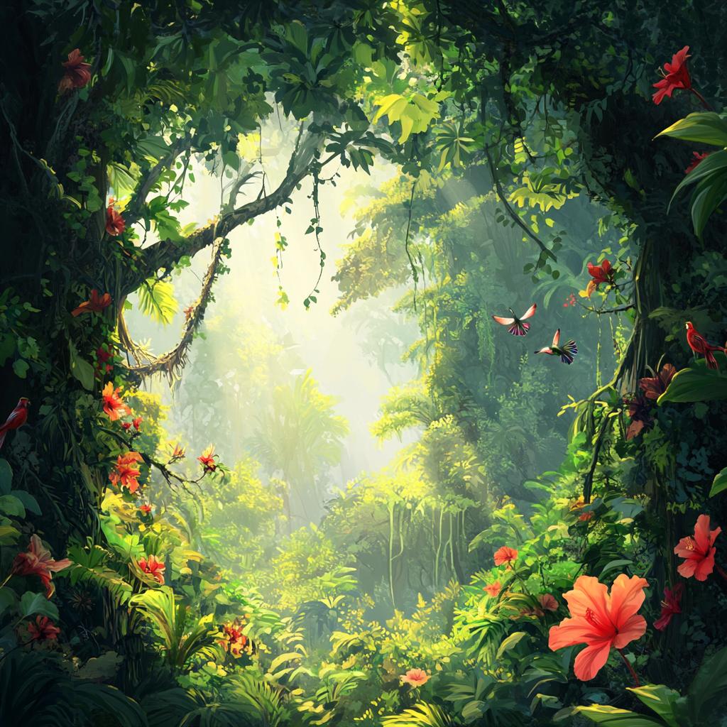 Sunbeams Shining Through Rainforest Trees
