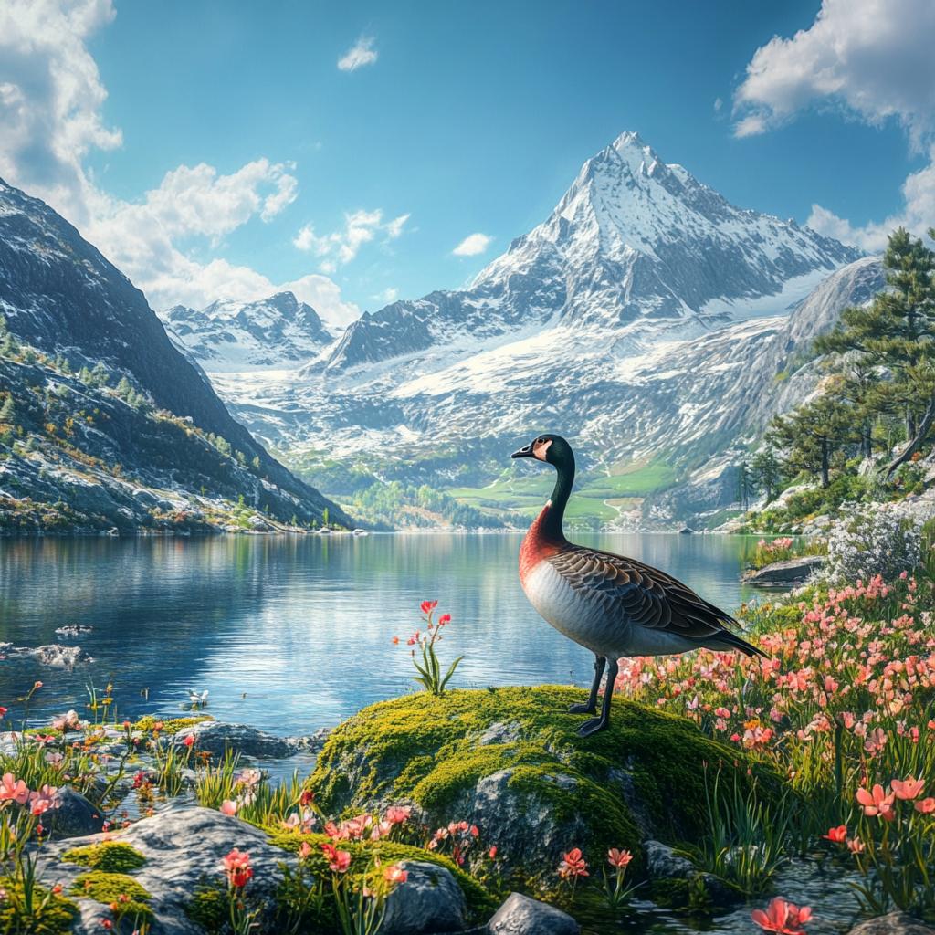 Red-Breasted Goose on Rock with Snowy Mountain View