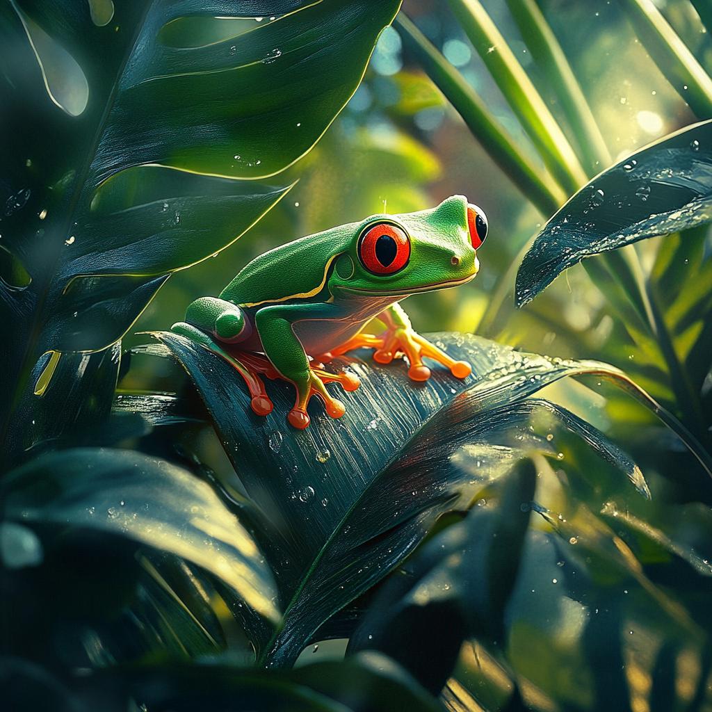 Red-Eyed Tree Frog Resting on Leaf in Rain