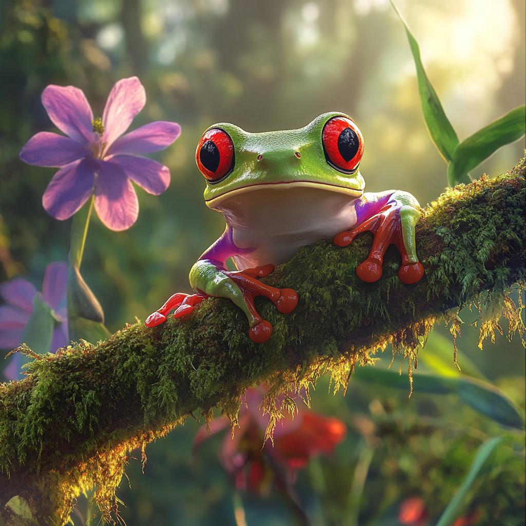 Tree Frog Hanging on Branch with Purple Flower