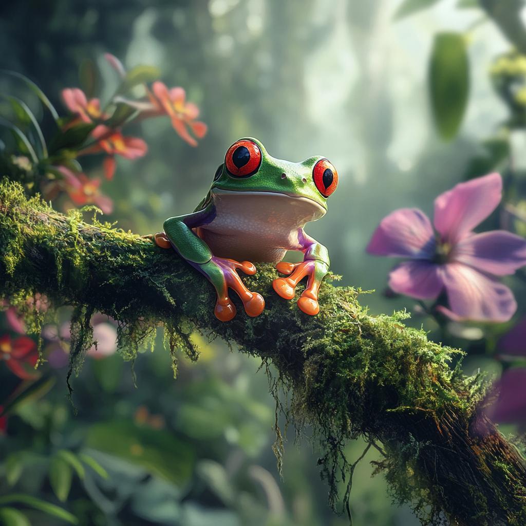 Tree Frog on Branch with Tropical Purple Bloom