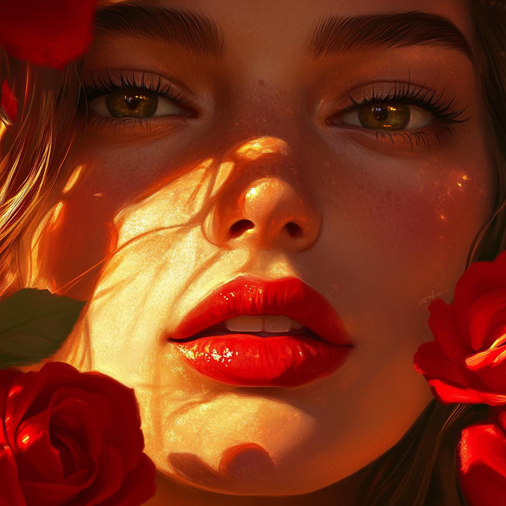 Woman with Red Lips and Roses Portrait