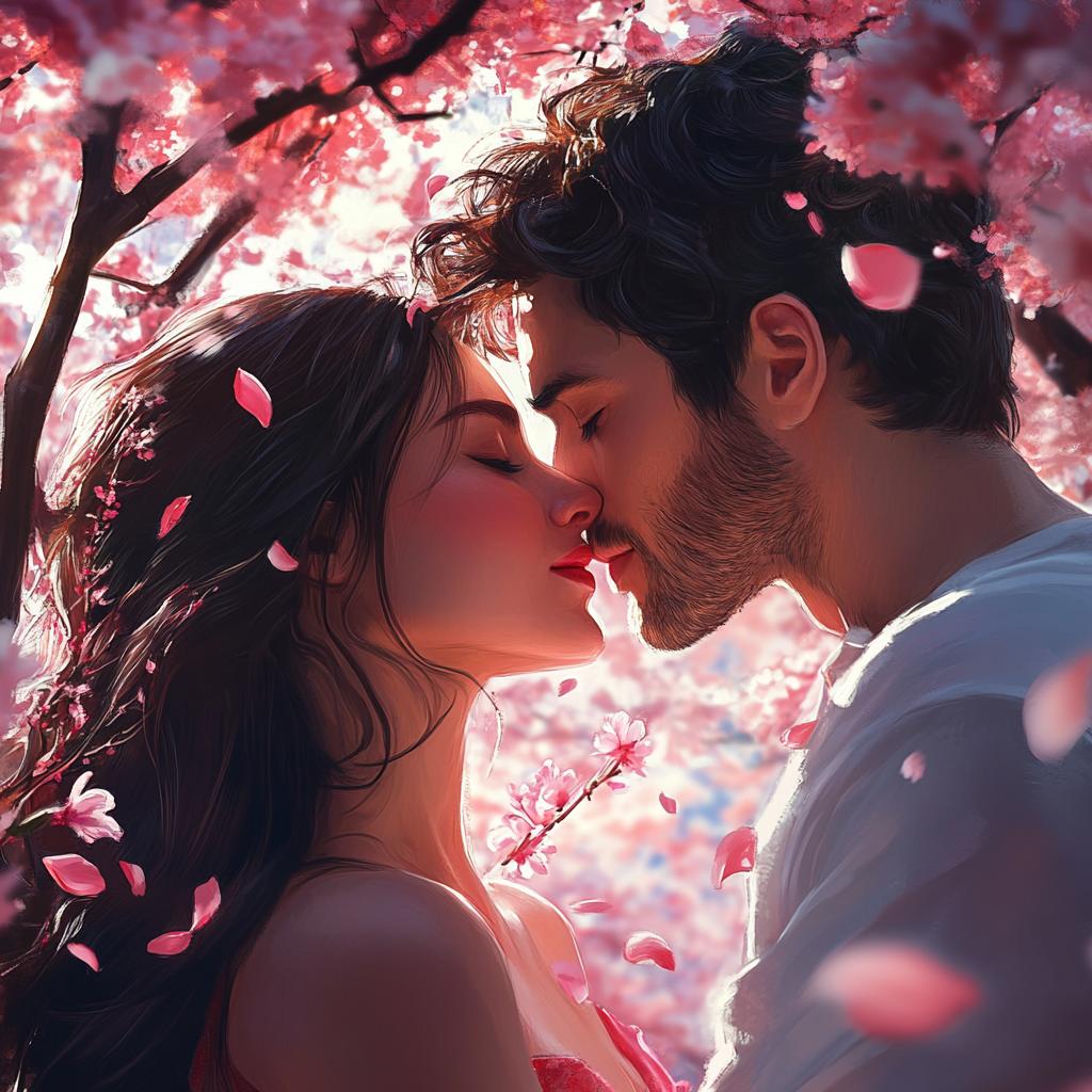 Newlyweds First Kiss Under Pink Trees