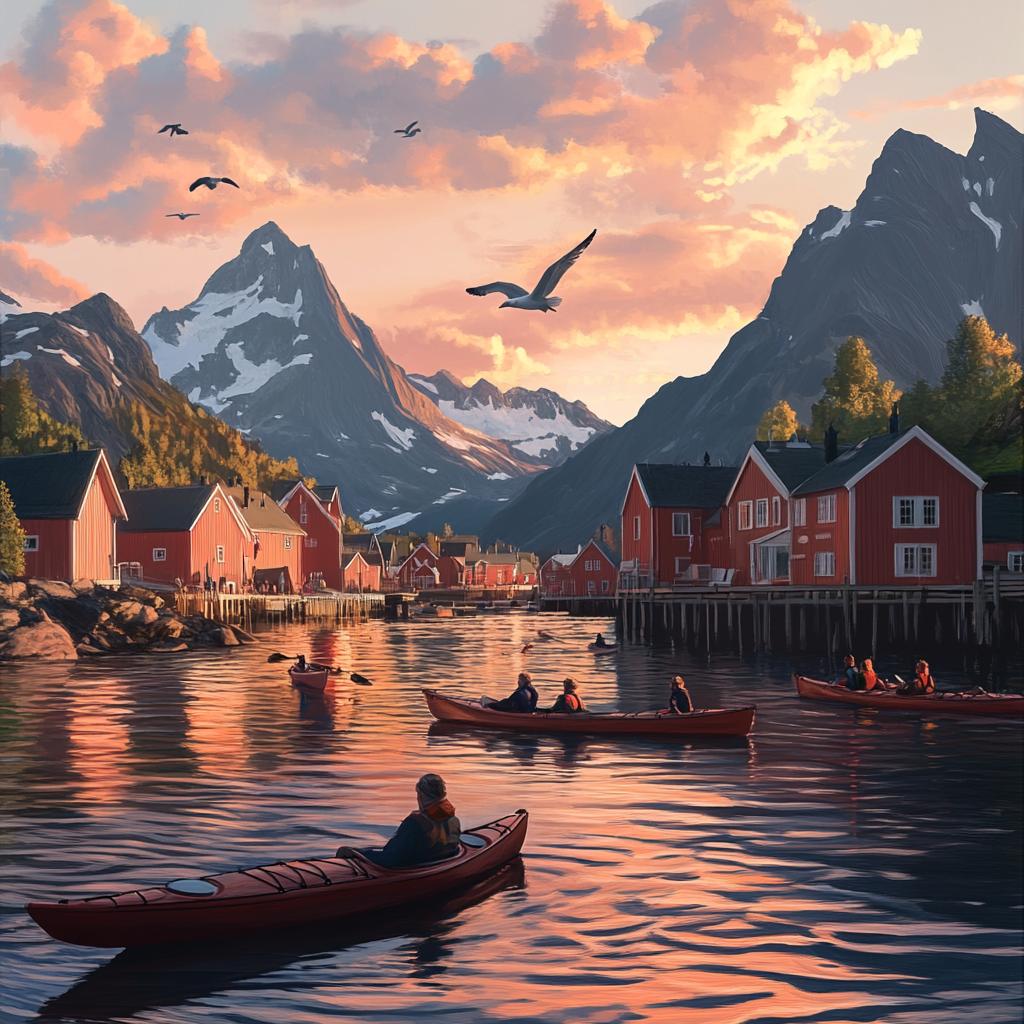 Sunset Scene with Boats and Cottages in Reine Norway