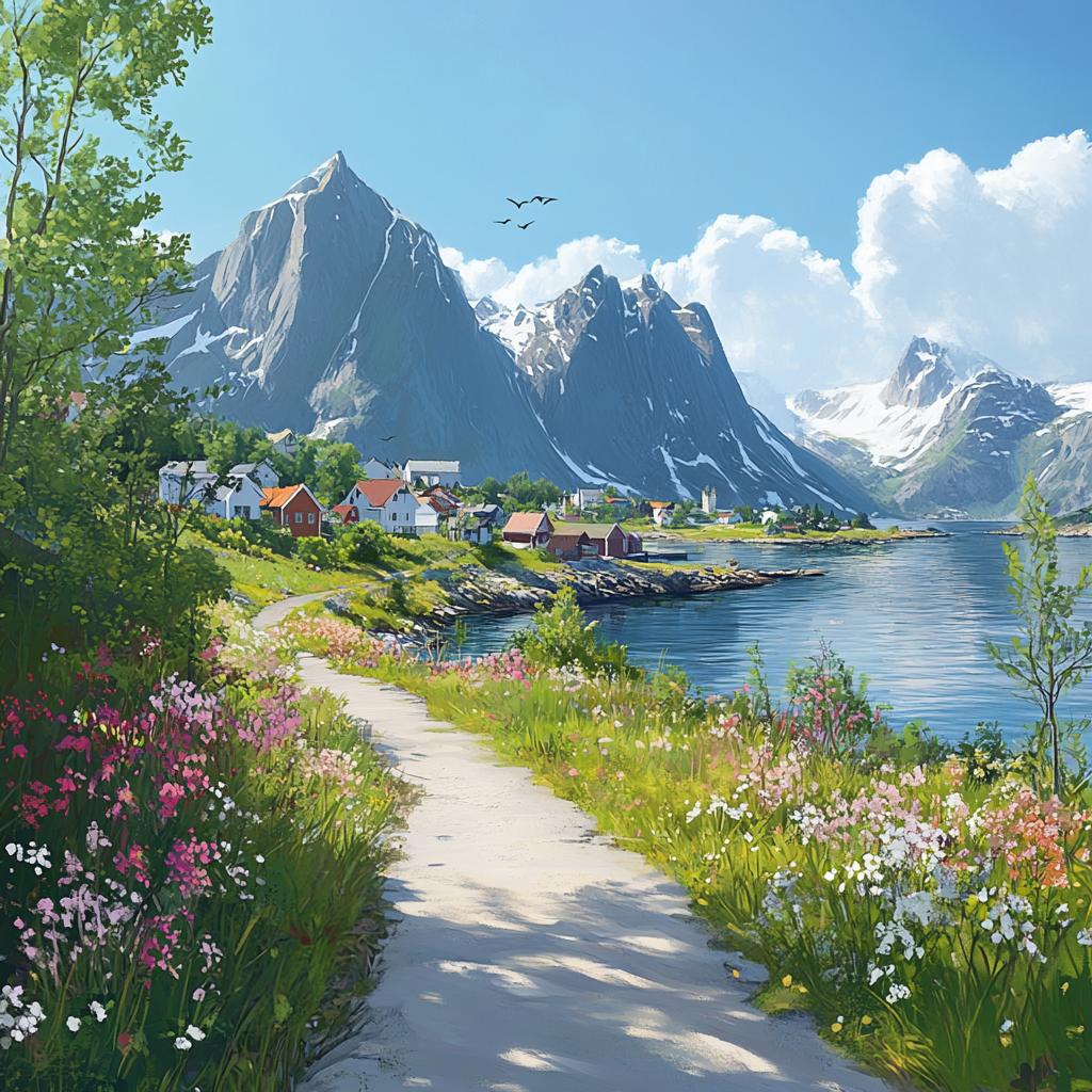 Reine Norway Pathway to Village with Mountains
