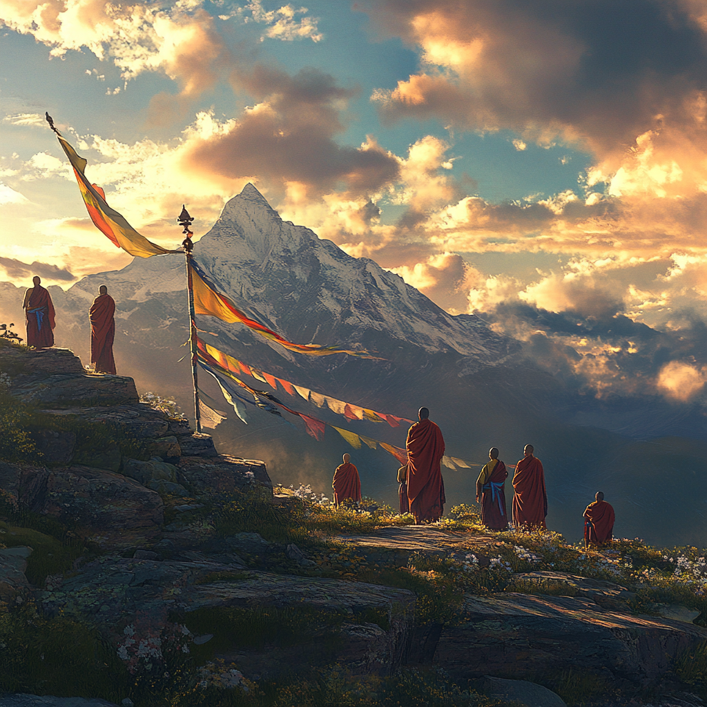 Tibetan Monks with Prayer Flags on Mountain