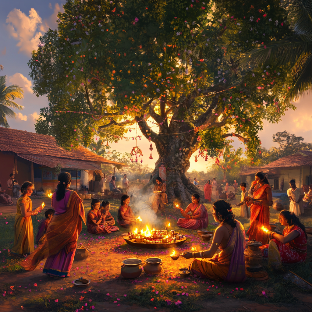 Indian Ceremony Around Campfire